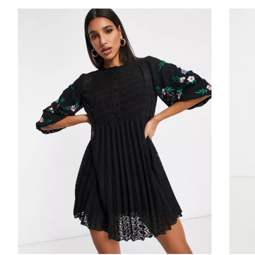 Asos Design Button Front Embroidered Pleated Dress - image 1